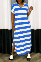 Blaues, modisches, lässiges, gestreiftes Kleid mit V-Ausschnitt und kurzen Ärmeln