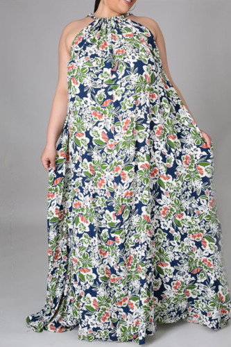 Green Fashion Casual Plus Size Print Basic O Neck Sleeveless Dress
