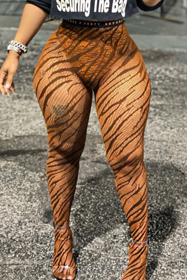 Модные узкие брюки-карандаш с высокой талией и модным сексуальным принтом в виде тигра