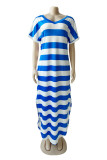 Синее модное повседневное полосатое платье с разрезом и V-образным вырезом с коротким рукавом