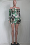 Green Sexy Print See-through Mesh Wrapped Skirt Dresses