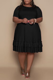 Черное модное повседневное однотонное платье с воланами и круглым вырезом с коротким рукавом