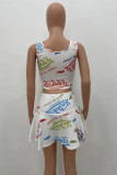 White Casual Letter Print Patchwork U Neck Sleeveless Two Pieces
