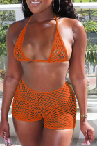 Tangerine Red Sexy Solid Mesh Swimwear