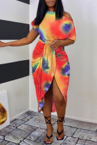 Lila Fashion Casual Print Tie Dye asymmetrisches Kleid mit schrägem Kragen und kurzen Ärmeln