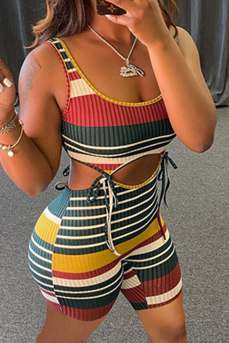 Colour Sexy Striped Patchwork U Neck Skinny Rompers