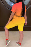 Оранжевый Желтый Повседневный Постепенное изменение Губы С принтом Пэчворк Круглый вырез С короткими рукавами Два предмета