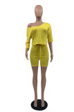 Yellow Fashion Casual Solid Basic V Neck Half Sleeve Two Pieces