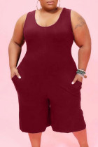 Burgund Casual Solid Pocket O Neck Plus Size Jumpsuits