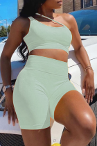 Mint green Sexy Solid Patchwork One Shoulder Sleeveless Two Pieces
