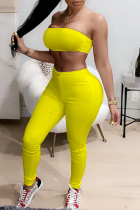 Amarelo sexy sólido patchwork sem alças sem mangas duas peças