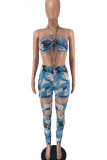 Blue Fashion Sexy Print Hollowed Out Backless Strap Design Strapless Skinny Jumpsuits