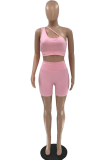 Pink Sexy Solid Patchwork One Shoulder Sleeveless Two Pieces