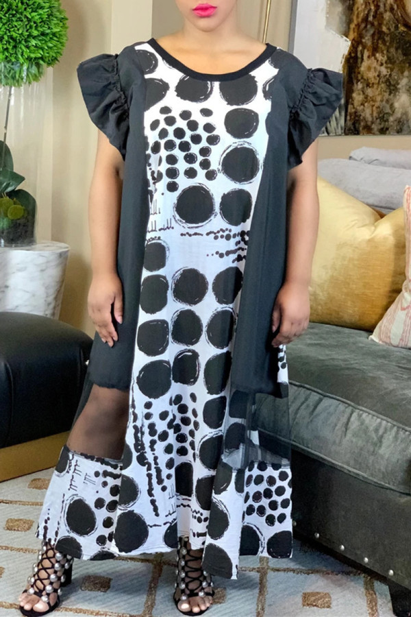 Schwarzes, modisches, lässiges Patchwork-Kleid mit durchsichtigem O-Ausschnitt und kurzen Ärmeln
