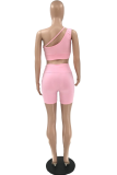 Pink Sexy Solid Patchwork One Shoulder Sleeveless Two Pieces