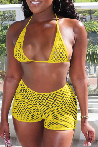 Yellow Sexy Solid Mesh Swimwears