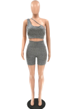 Black Gray Sexy Solid Patchwork One Shoulder Sleeveless Two Pieces