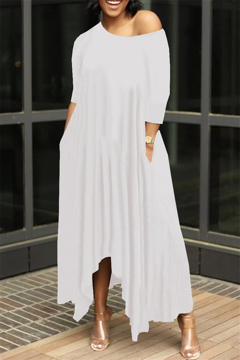 Wholesale White Fashion Solid Asymmetrical Oblique Collar Long Dresses ...