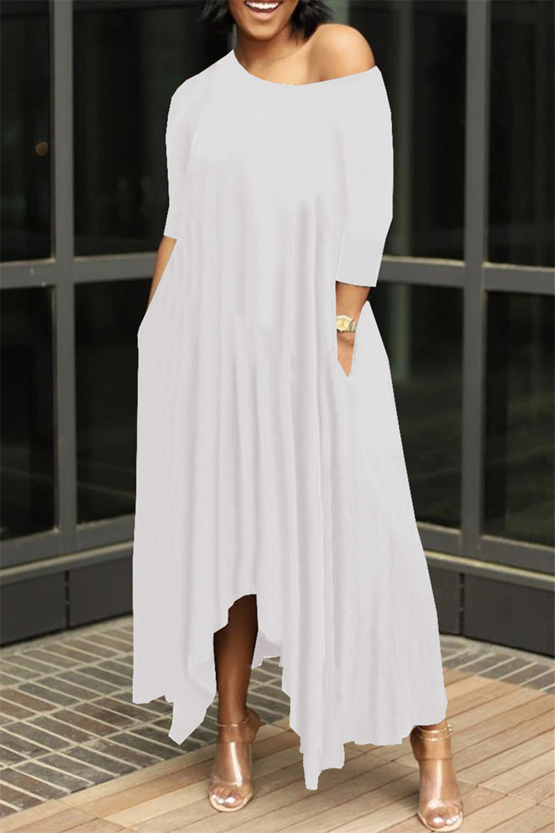 

White Fashion Solid Asymmetrical Oblique Collar Long Dresses