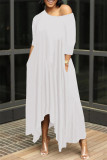 Белые модные однотонные асимметричные длинные платья с косым воротником