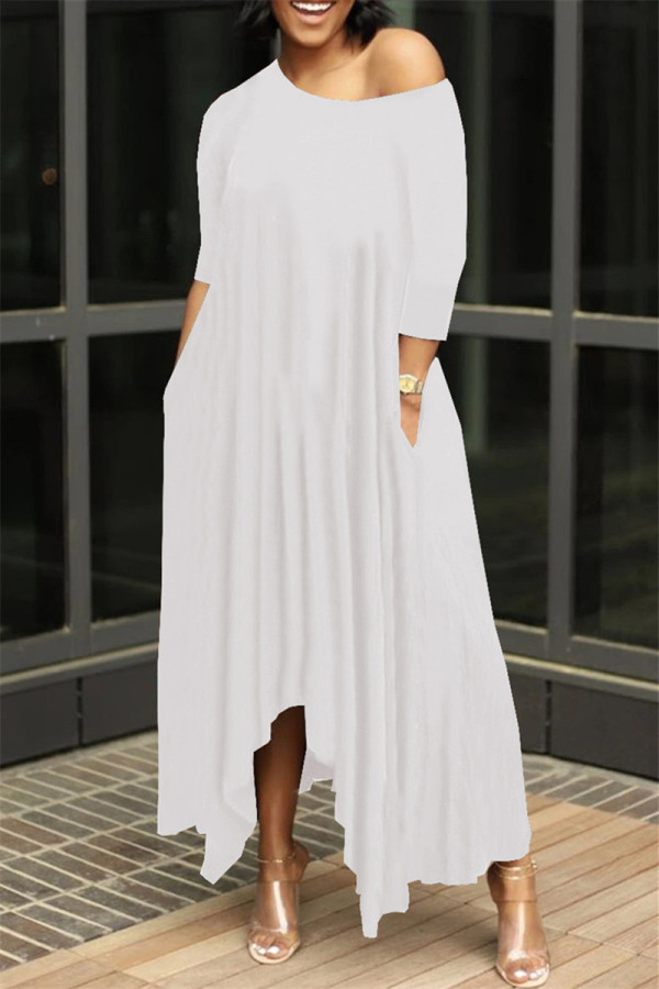ホワイト ファッション ソリッド 非対称 オブリーク カラー ロング ドレス