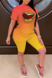 Оранжевый Желтый Повседневный Постепенное изменение Губы С принтом Пэчворк Круглый вырез С короткими рукавами Два предмета