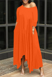 オレンジ色のファッションソリッド非対称斜め襟ロングドレス