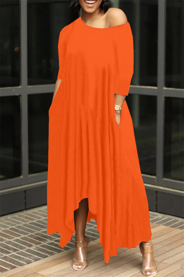 Vestidos longos de gola oblíqua assimétrica sólida laranja fashion