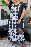 Zwarte mode-casual print patchwork doorzichtige jurk met O-hals en korte mouwen