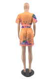 Oranje mode casual print met riem V-hals jurk met korte mouwen