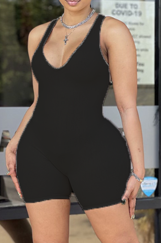 Black Sexy Solid Patchwork V Neck Skinny Rompers