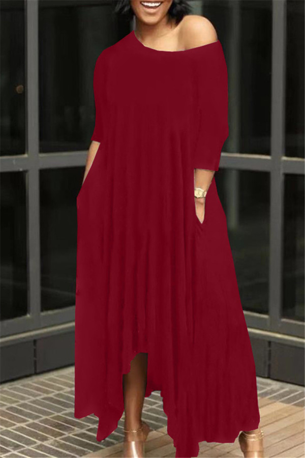 Бордовые модные однотонные асимметричные длинные платья с косым воротником