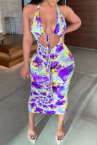 Фиолетовое модное сексуальное платье без рукавов с принтом и принтом