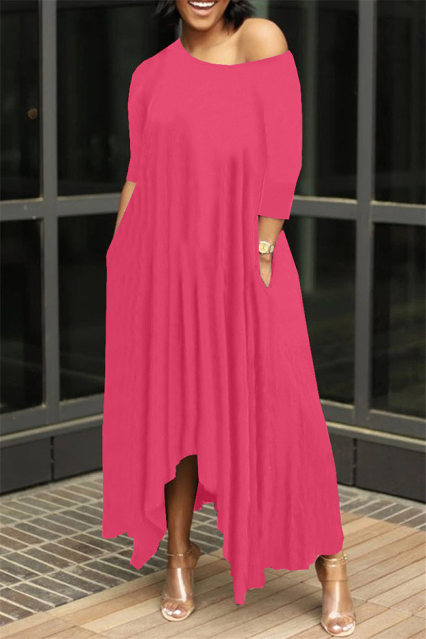 ローズレッドファッションソリッド非対称斜め襟ロングドレス