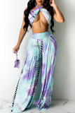 Blue Sexy Gradual Change Tie-dye Backless Halter Sleeveless Two Pieces