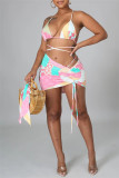 Pink Fashion Print Backless Strap Design Swimwears Set
