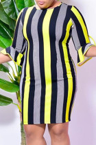 イエローファッションカジュアルストライププリントベーシックOネックロータススリーブドレス