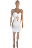 ホワイトファッションセクシーなソリッドくり抜かれたストラップデザインスパゲッティストラップノースリーブドレスドレス
