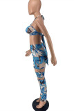 Blue Fashion Sexy Print Hollowed Out Backless Strap Design Strapless Skinny Jumpsuits