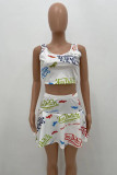 White Casual Letter Print Patchwork U Neck Sleeveless Two Pieces