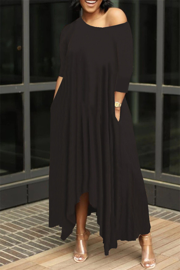 ブラックファッションソリッド非対称斜め襟ロングドレス