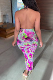 Lila Mode Sexy Print Tie Dye Ausgehöhltes Rückenfreies Halfter Ärmelloses Kleid