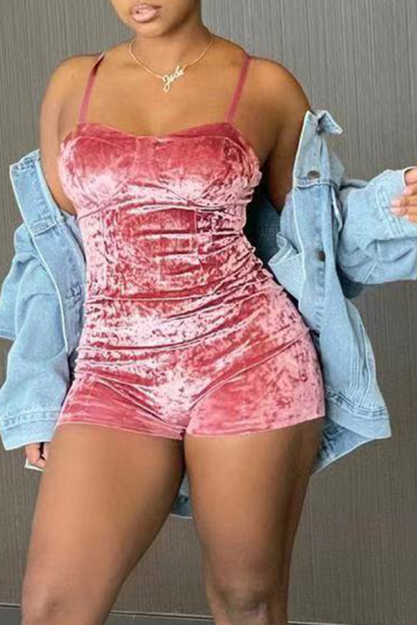 Rosa Sexig Solid Patchwork Spaghetti Strap Skinny Rompers