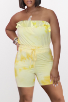Yellow Sexy Patchwork Tie-dye Strapless Regular Rompers