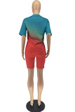 Blue Red Casual Gradual Change Patchwork O Neck Short Sleeve Two Pieces