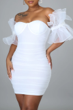 ホワイトセクシーなソリッドメッシュオフショルダーペンシルスカートドレス