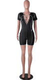 Black Sexy Casual Solid Bandage Patchwork O Neck Skinny Rompers