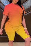 Orange Yellow Casual Gradual Change Patchwork O Neck Short Sleeve Two Pieces