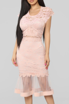 ピンクのセクシーなソリッドメッシュトランペットマーメイドドレス
