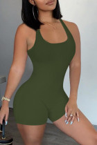 Army Green Casual Sportswear Solid Backless U-neck Skinny Romper